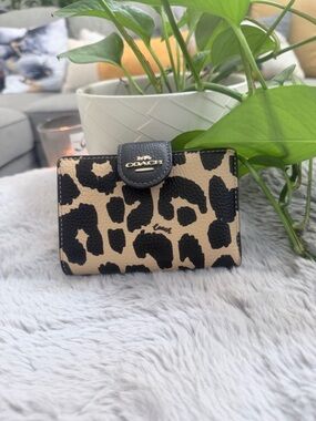 Coach Leopard Print Compact Wallet - Black & Tan